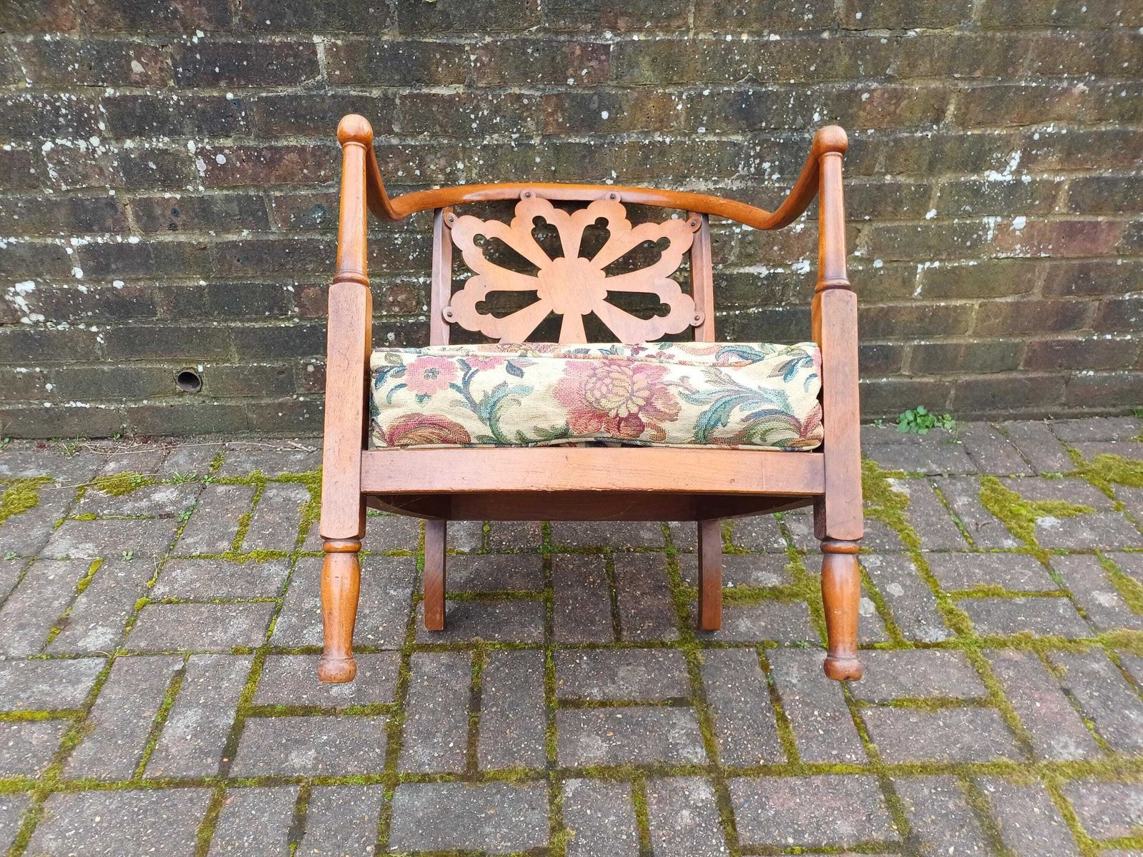 Furniture Antique Arts And Crafts Style Beech Occasional Chair Fretwork Back Bentwood Arms Floral Cushion Vintage Armchair Seat. photo
