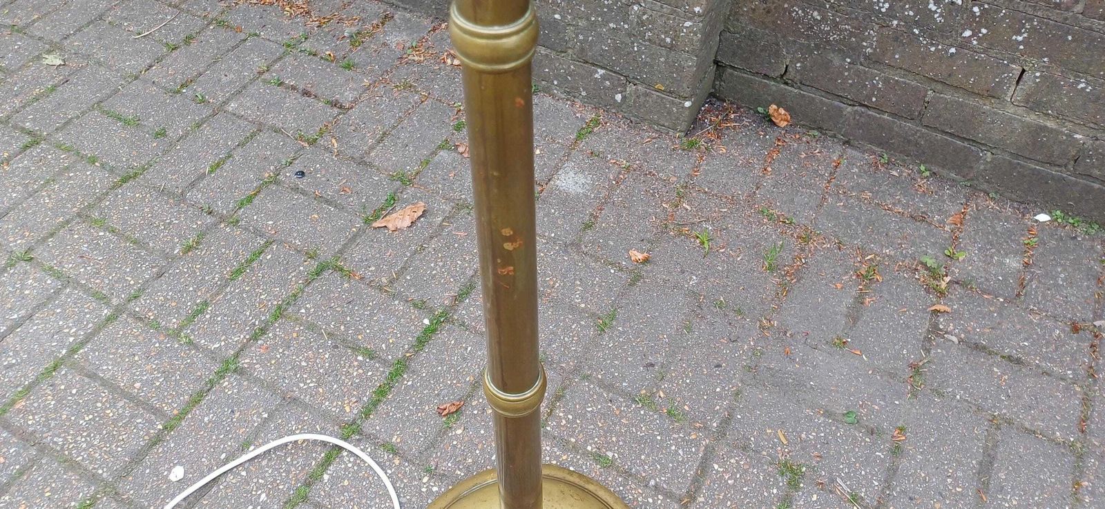 photo for sale Vintage Victorian Brass Floor Lamp Three Quarter Height, Solid Brass With Heavy Weighted Iron Base, 9ft Lead, Fully Pat Tested.