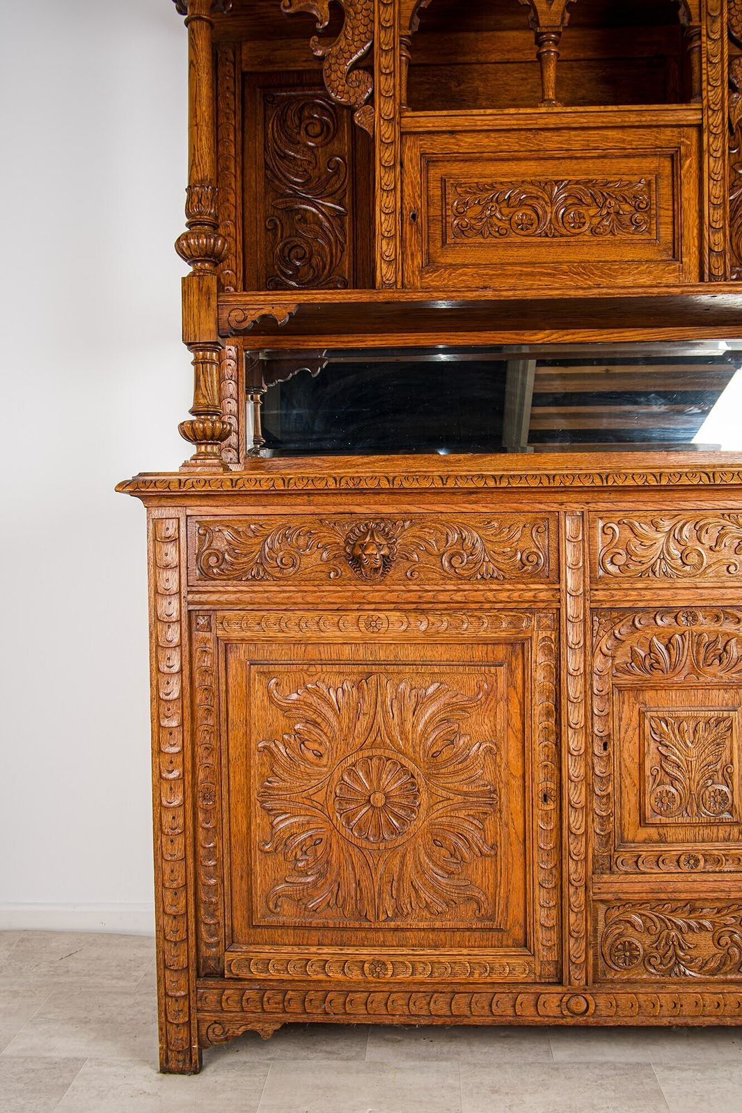 Large Antique French Oak Buffet Cabinet With Carved Chiffonier photo for sale