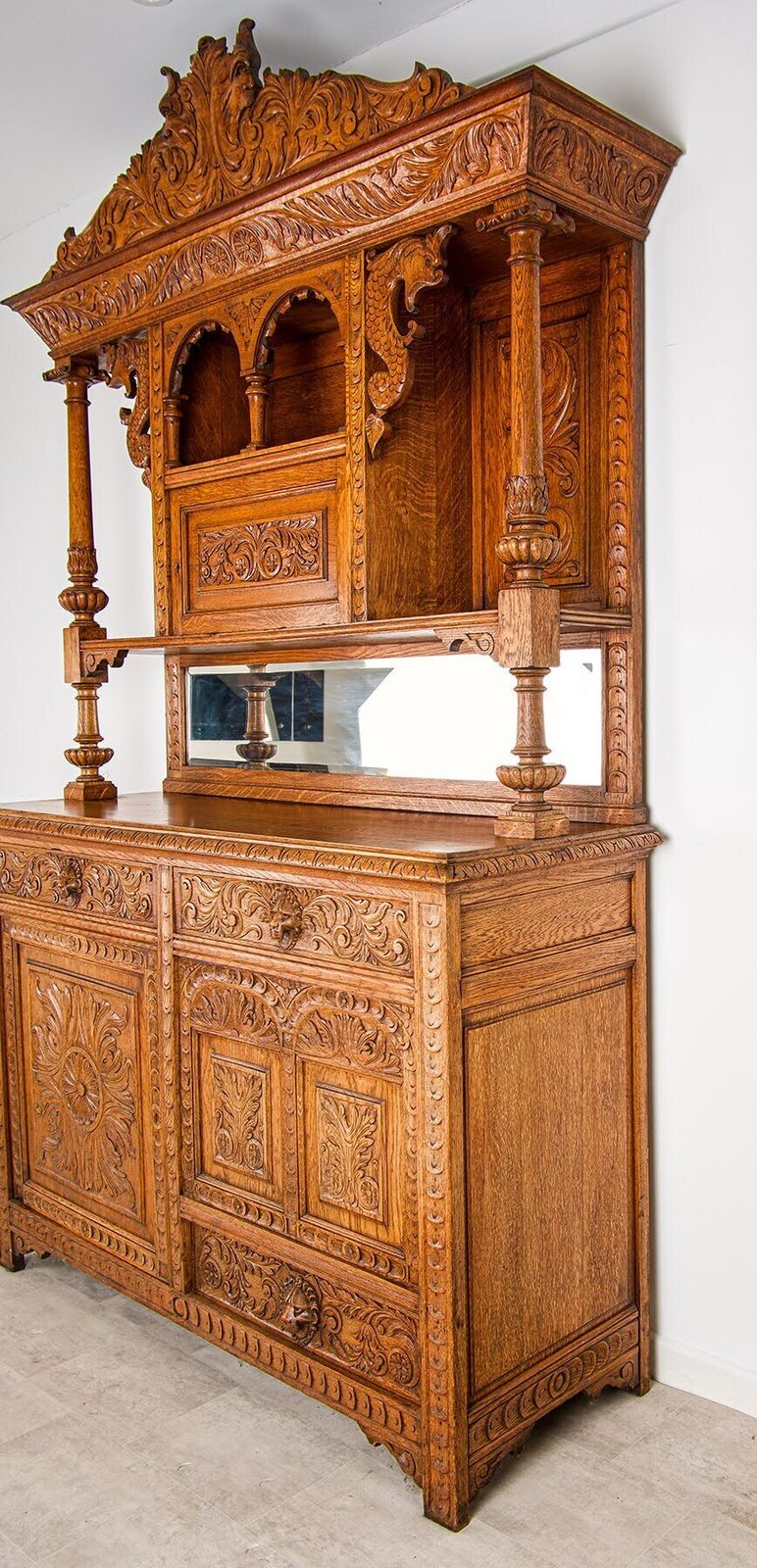 Large Antique French Oak Buffet Cabinet With Carved Chiffonier photo vinterior