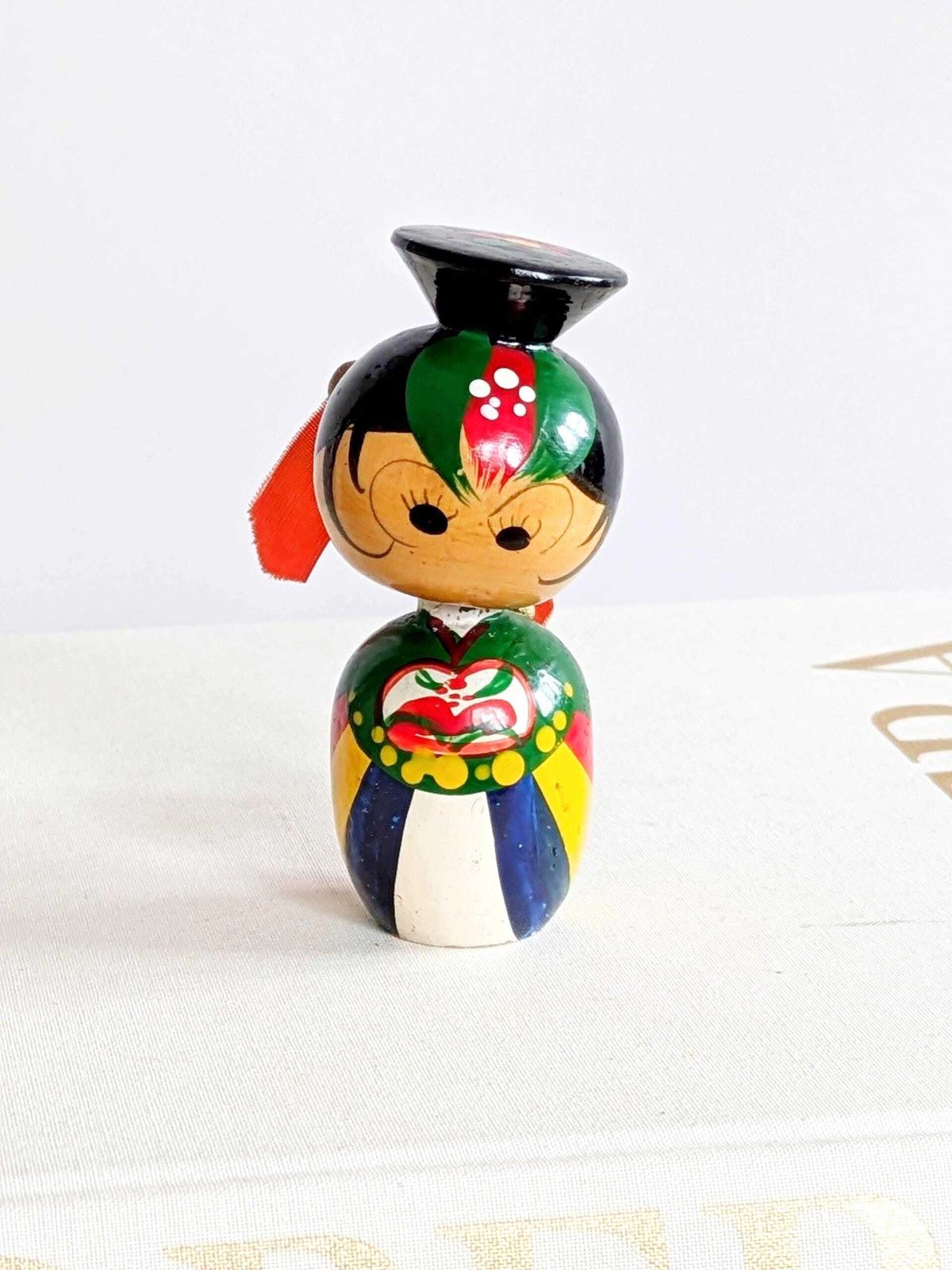 Home Decor Vintage Kokeshi Style Bobblehead Doll Bride, Korean Hand Painted Wooden Nodder Bride Figurine photo