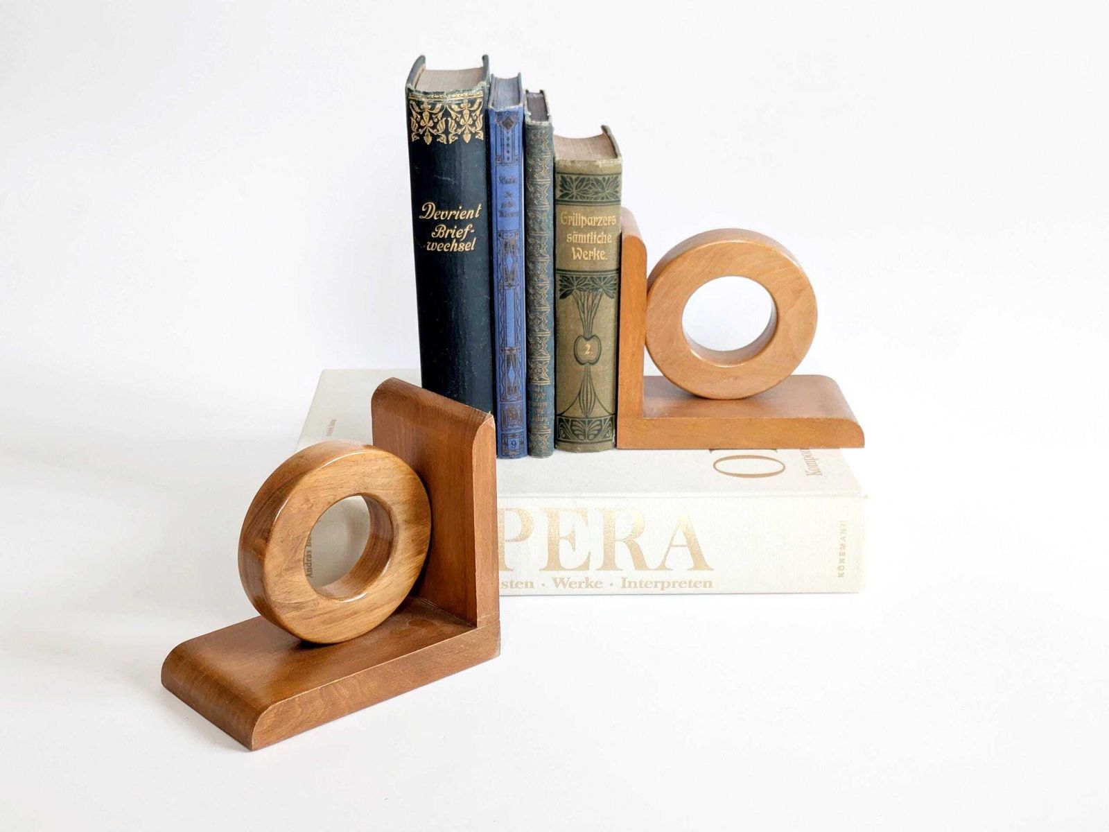 Midcentury Wooden Bookends Pair, Bauhaus Art Deco Style Hoop Design, Sculptural Shelf Decor photo furniture