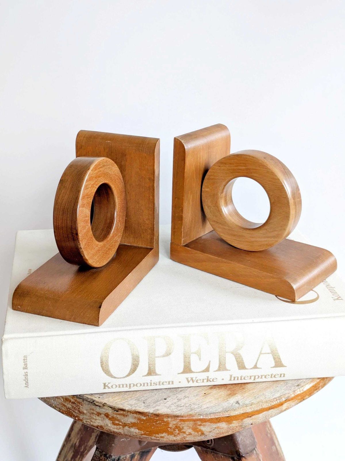 Midcentury Wooden Bookends Pair, Bauhaus Art Deco Style Hoop Design, Sculptural Shelf Decor photo vintage