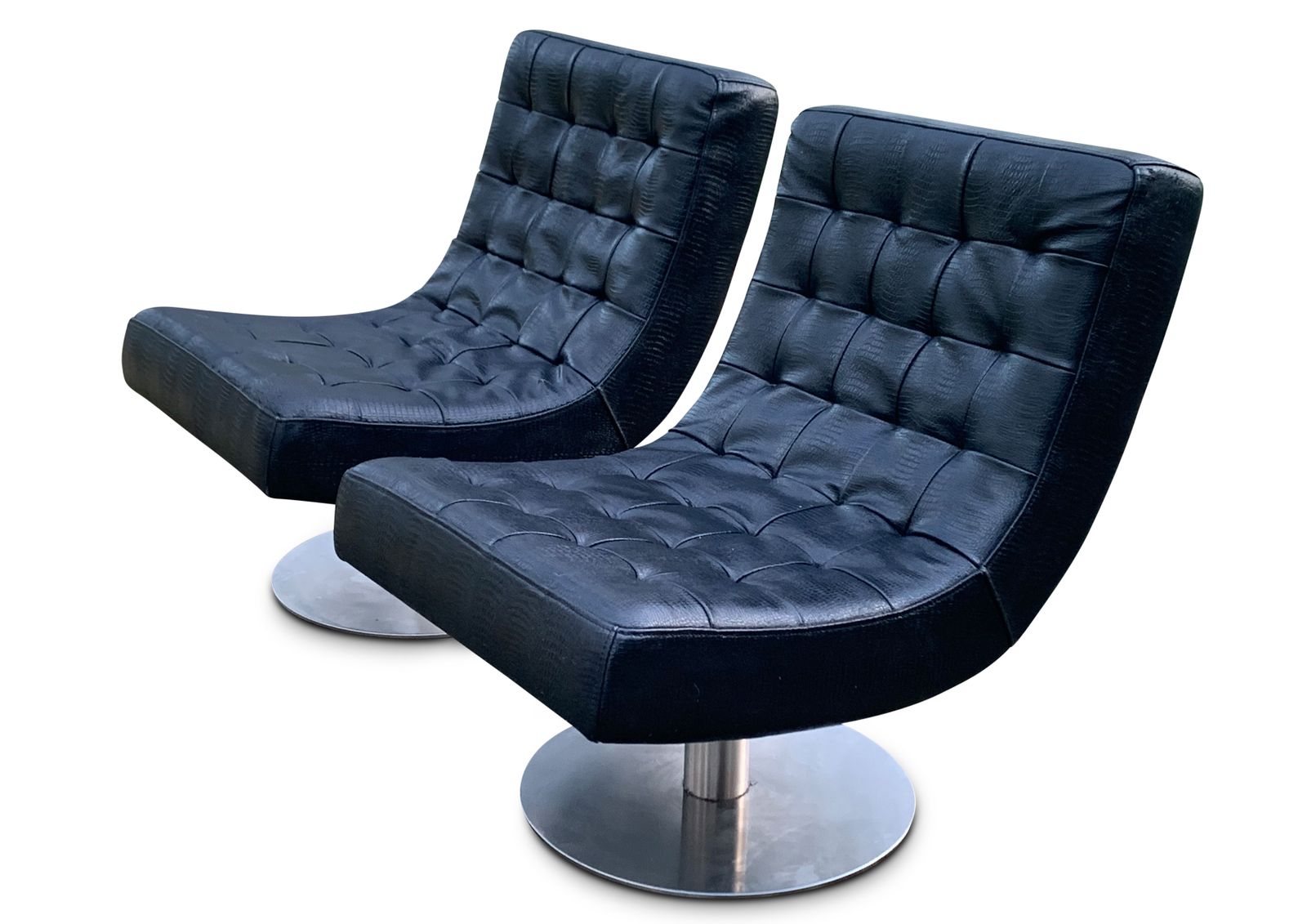 Pair Of Arne Norell Faux Black Crocodile Mid Century Modern Design Lounge Chairs. Raised On Very Heavy Pedestal Circular Swivel Bases. photo for sale