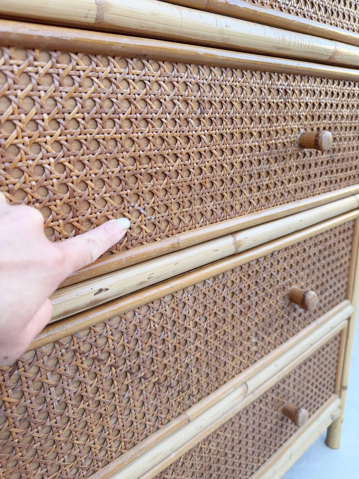 Mid Century Glass Top Rattan Chest Of Drawers | Vintage Boho Bedroom Decor photo vinterior