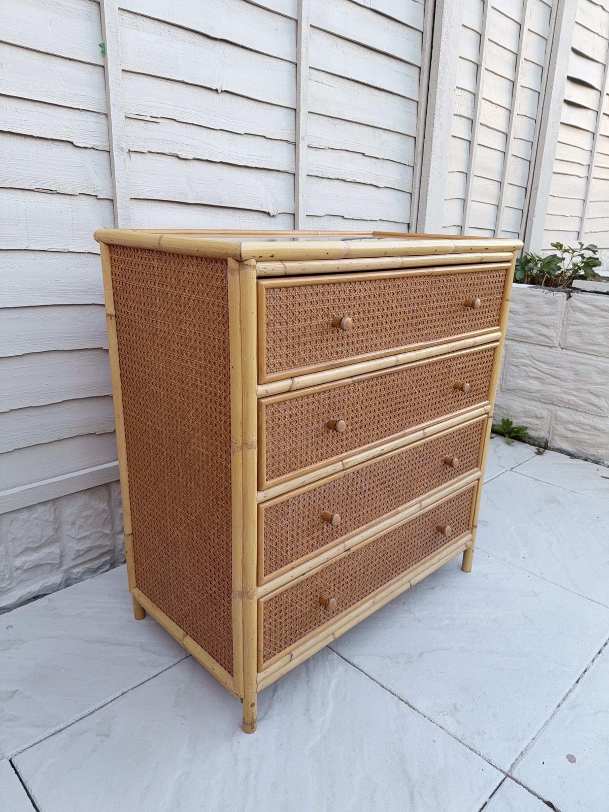Furniture Mid Century Glass Top Rattan Chest Of Drawers | Vintage Boho Bedroom Decor photo