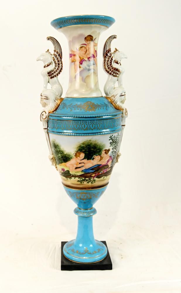 photo for sale Pair Sevres Style Porcelain Urn Vases Urns Cherub Decoration