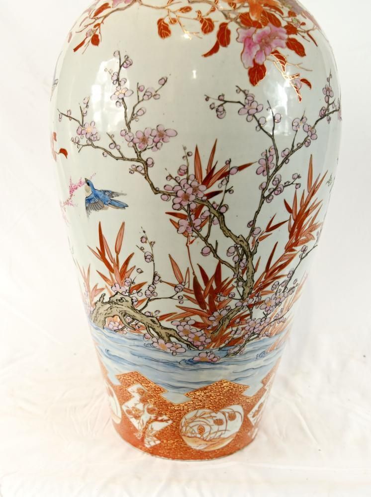 Pair Antique Japanese Satsuma Porcelain Floor Vases With Bird And Blossom Decoration photo vintage