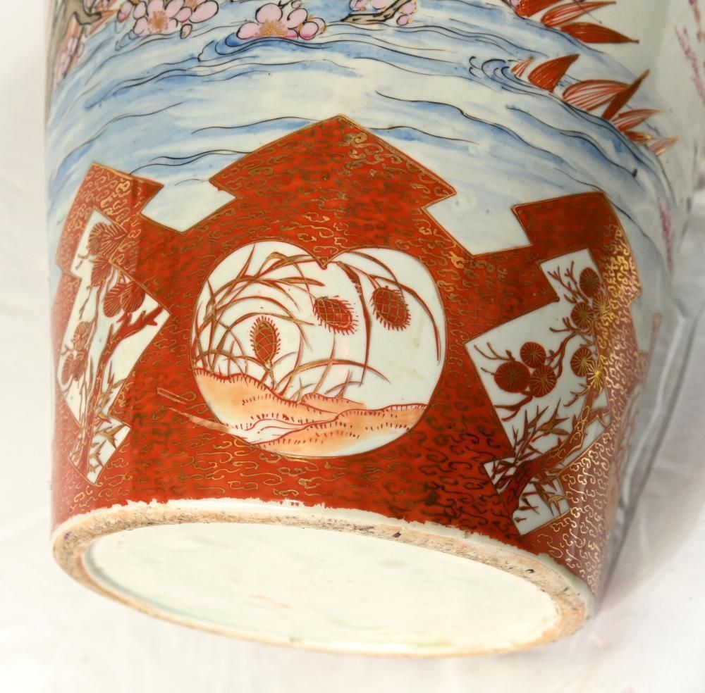 photo vinterior Pair Antique Japanese Satsuma Porcelain Floor Vases With Bird And Blossom Decoration