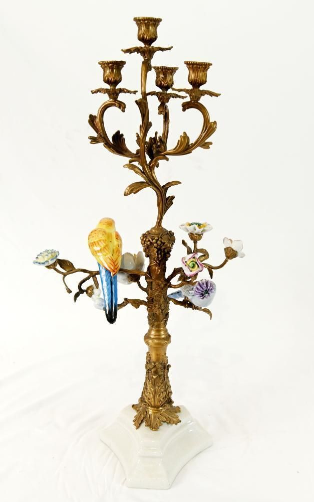 Home Decor Pair French Gilt Candelabra Bird Porcelain Figural Candles photo