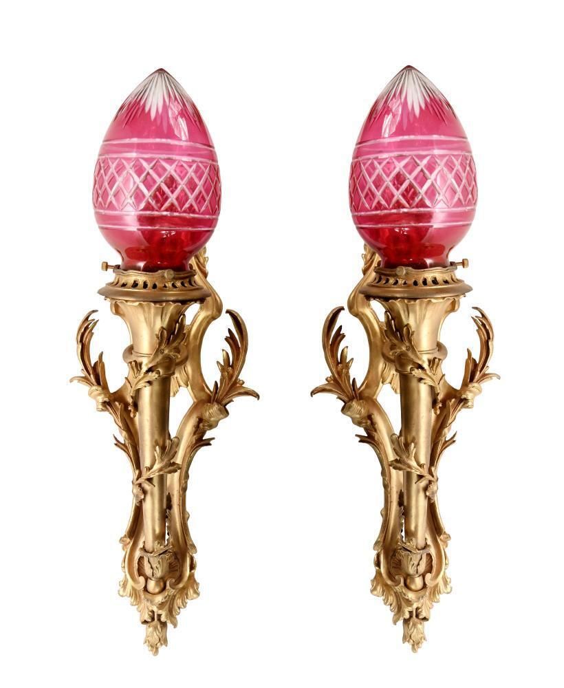 Pair French Gilt Bronze Wall Lights Sconces Cranberry Cut Glass Shades Louis XV Revival