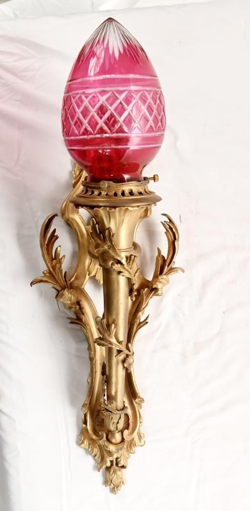 Pair French Gilt Bronze Wall Lights Sconces Cranberry Cut Glass Shades Louis XV Revival photo Lighting