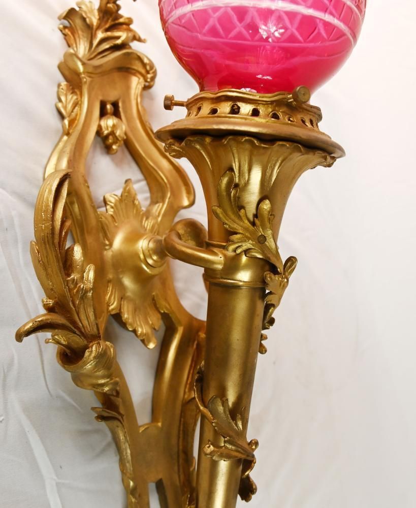 Pair French Gilt Bronze Wall Lights Sconces Cranberry Cut Glass Shades Louis XV Revival photo vintage