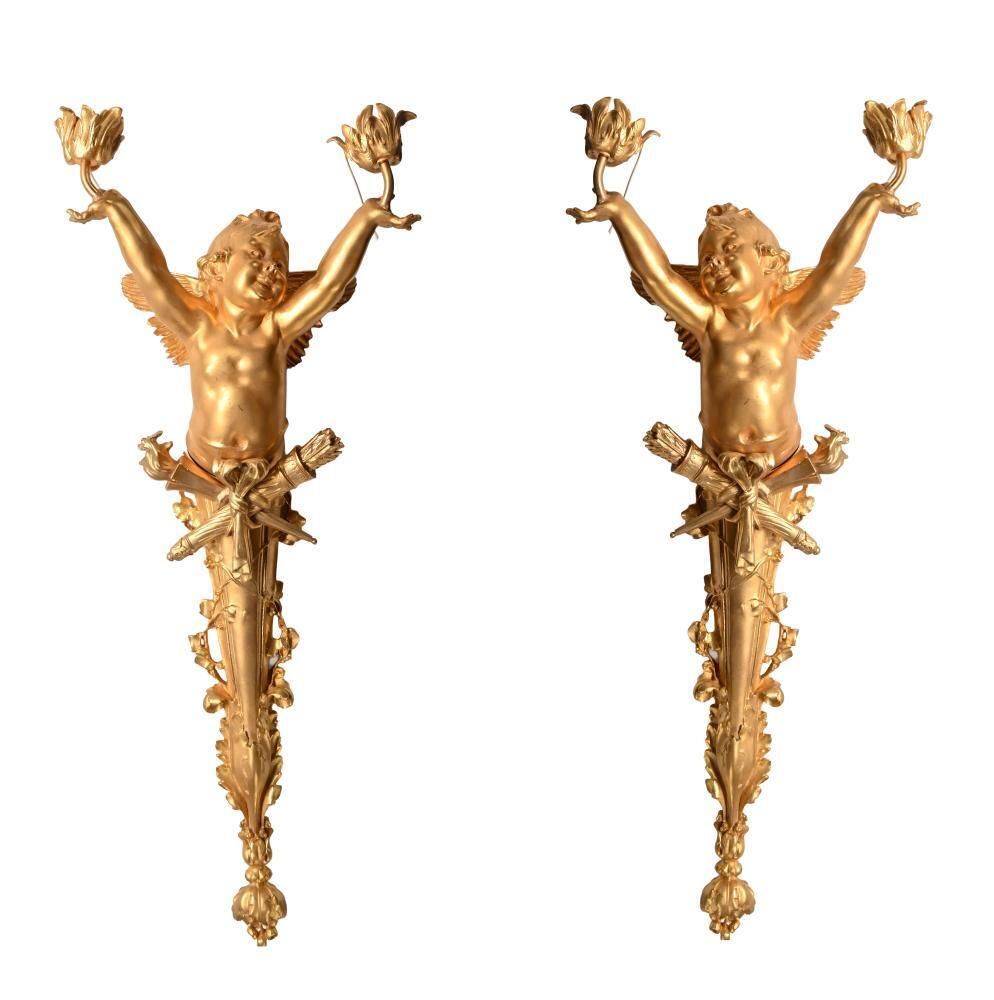 Pair French Gilt Bronze Cherub Wall Lights Louis XVI Revival