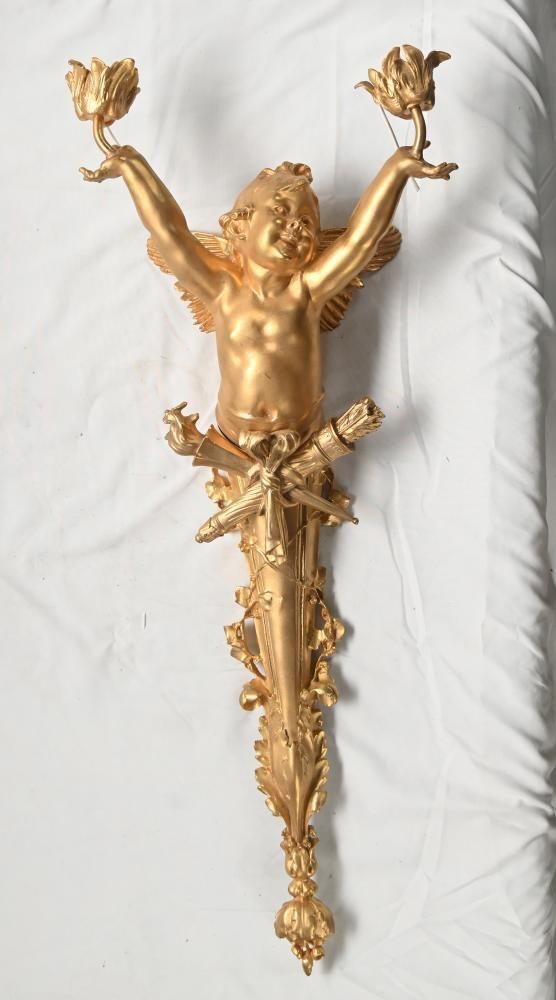 Pair French Gilt Bronze Cherub Wall Lights Louis XVI Revival photo Lighting