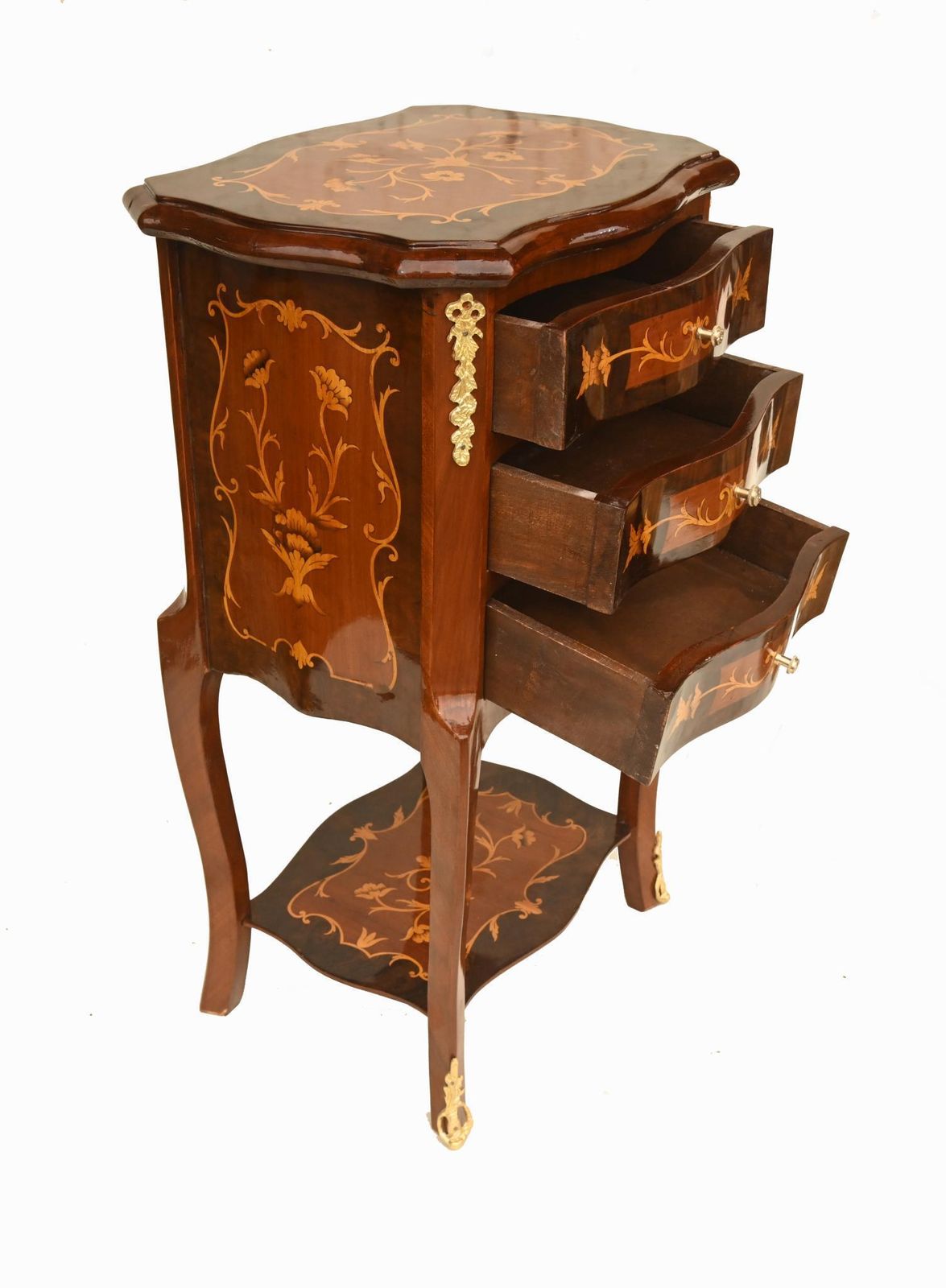 Pair French Kingwood & Marquetry Bedside Tables Louis XV Style photo vintage