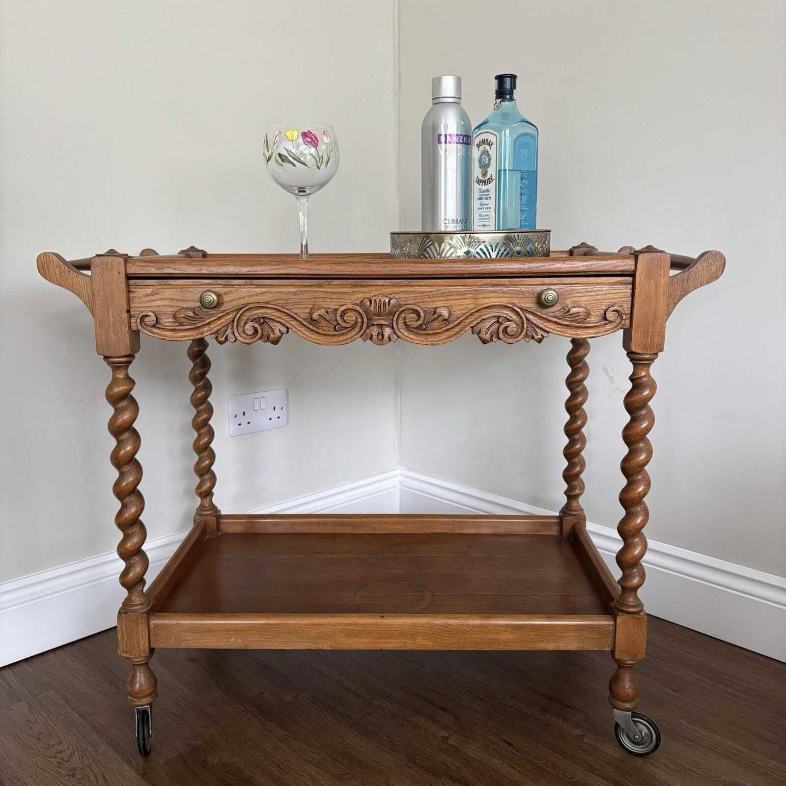 Vintage Wooden Drinks Trolley With Carved Detail, Bar Cart On Castors