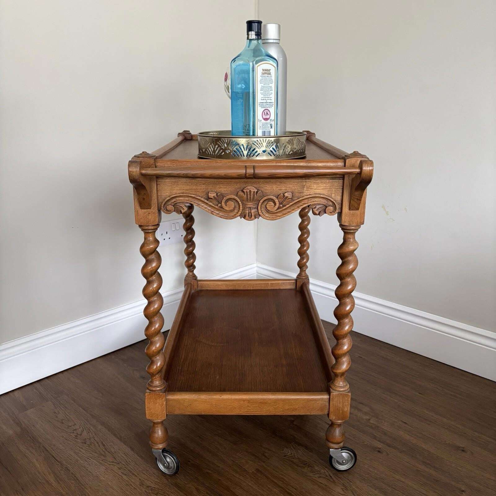photo for sale Vintage Wooden Drinks Trolley With Carved Detail, Bar Cart On Castors