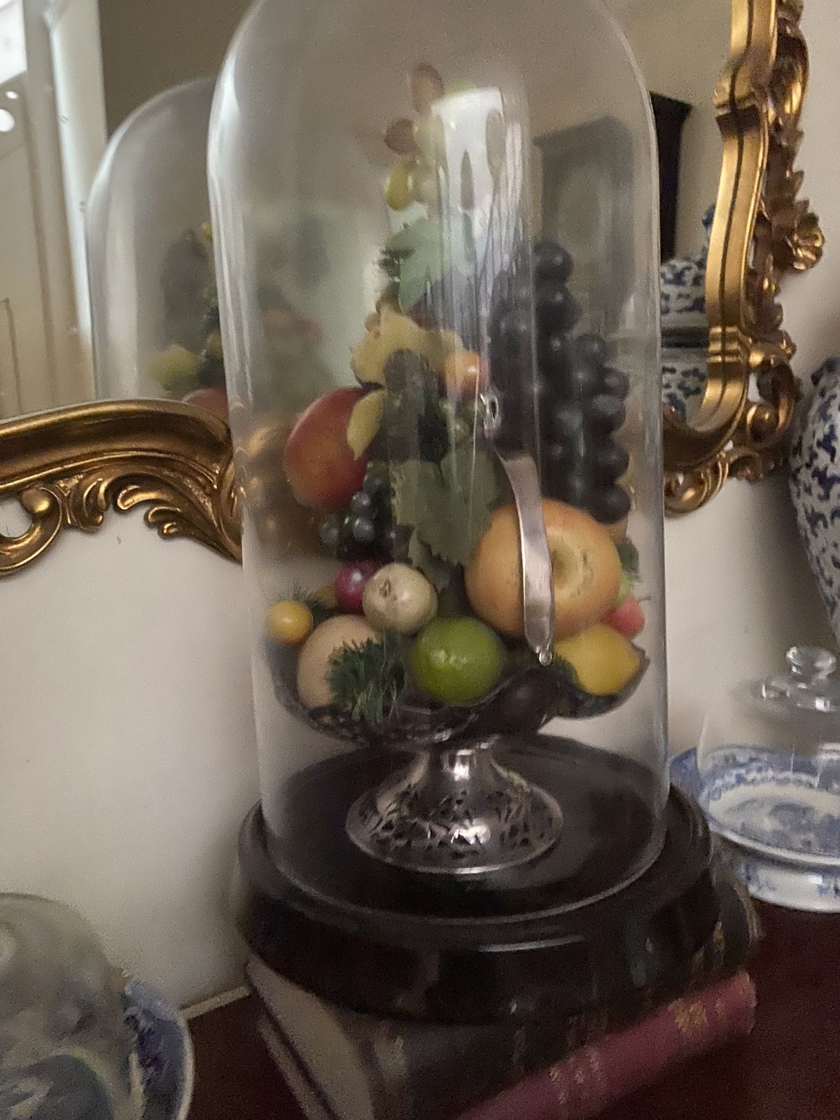 Victorian Style Glass Dome On Black Base Complete With Arrangement Of Fruit In Silver Plated Basket photo furniture