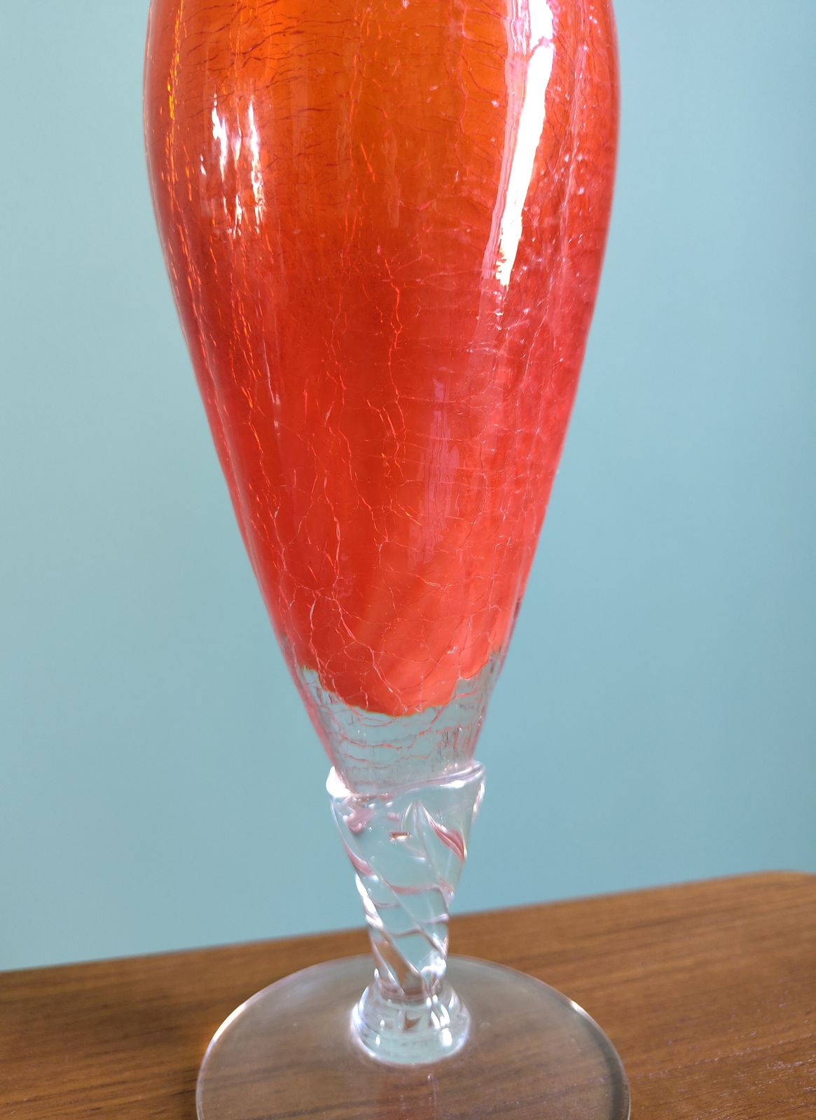 Elegant Mid‑Century Italian Cased Glass Vase (C. 1960s–1970s) Clear Over Bright Orange • Twisted Stem • Crinkled Inner Texture • 37.5 Cm • Original Sticker photo buy