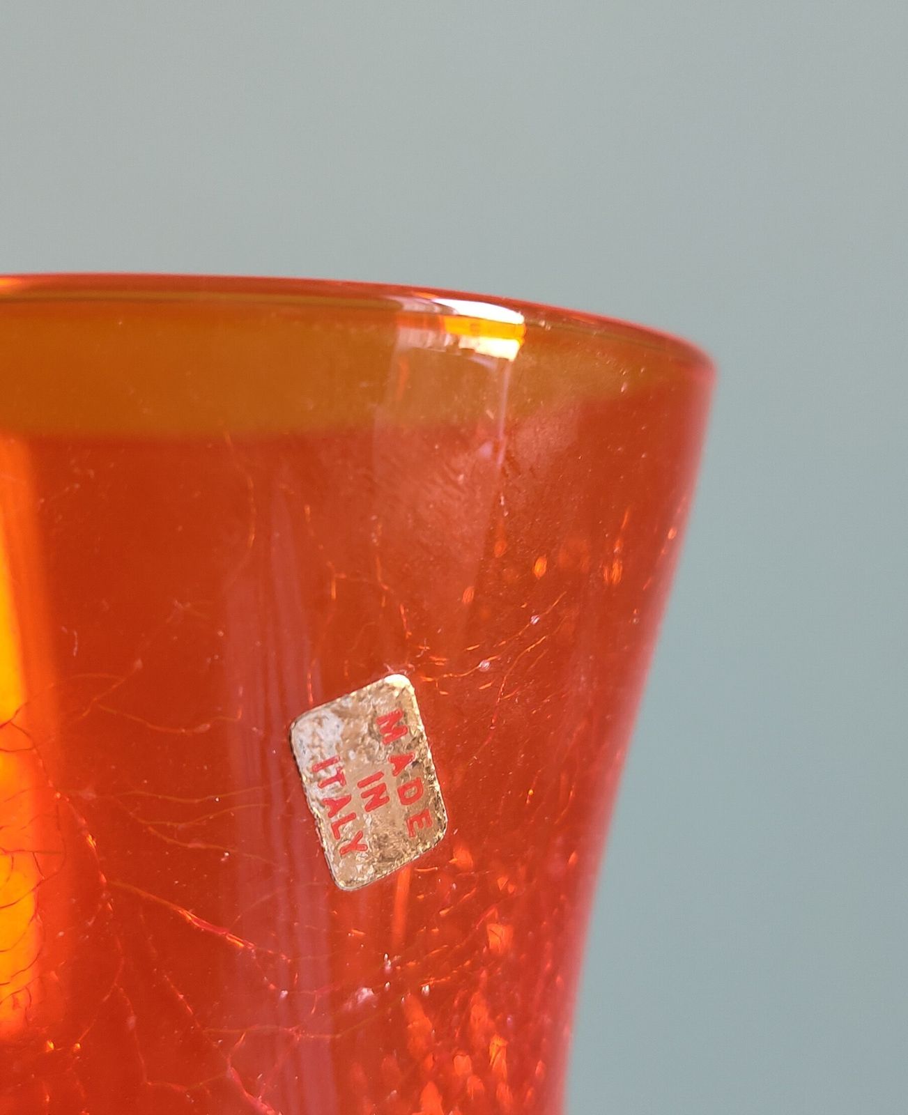 Elegant Mid‑Century Italian Cased Glass Vase (C. 1960s–1970s) Clear Over Bright Orange • Twisted Stem • Crinkled Inner Texture • 37.5 Cm • Original Sticker photo vintage