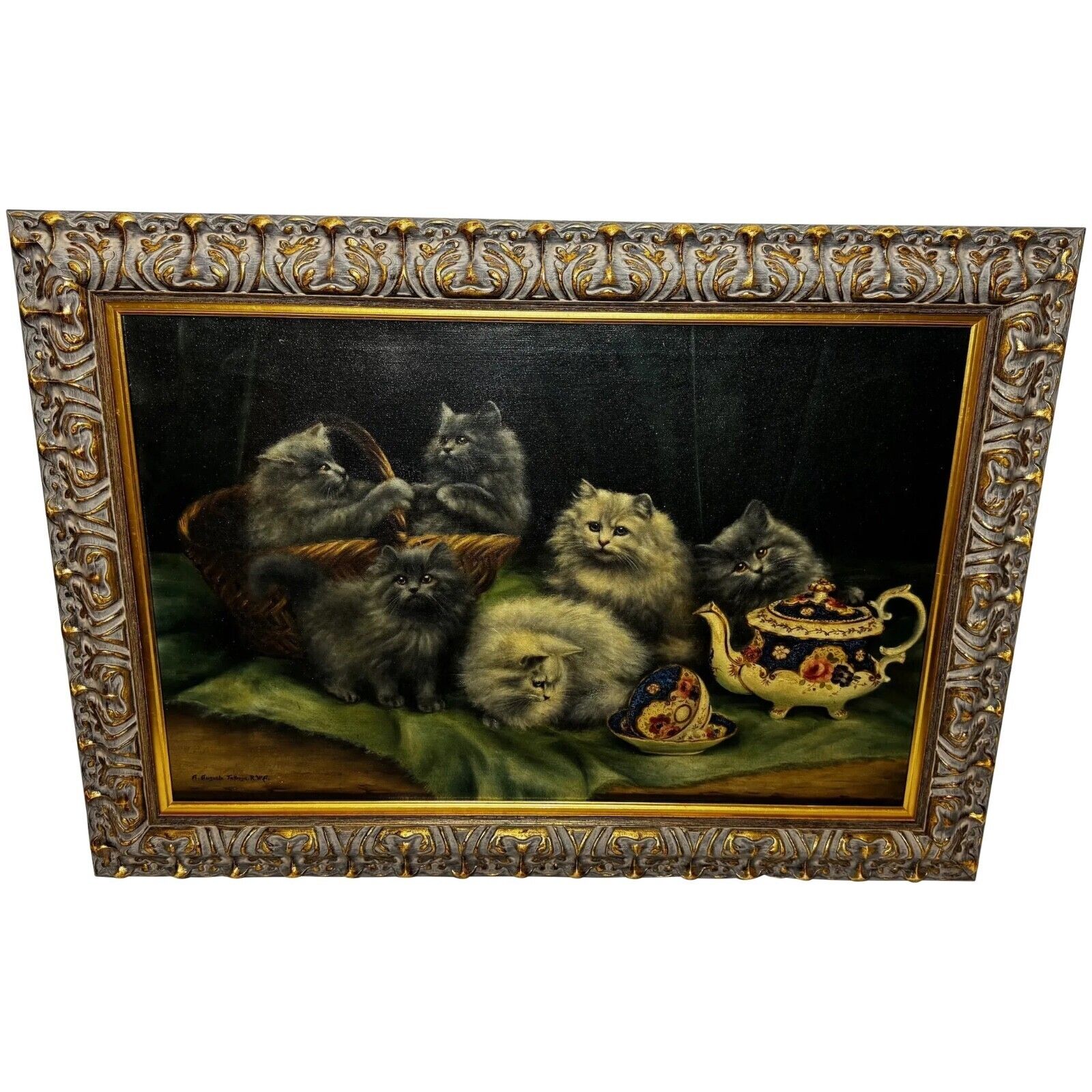 Masterpiece Painting: Persian Kittens Playing Tea Party Signed By Agnes Augusta Talboys Rwa (British, 1863–1940)