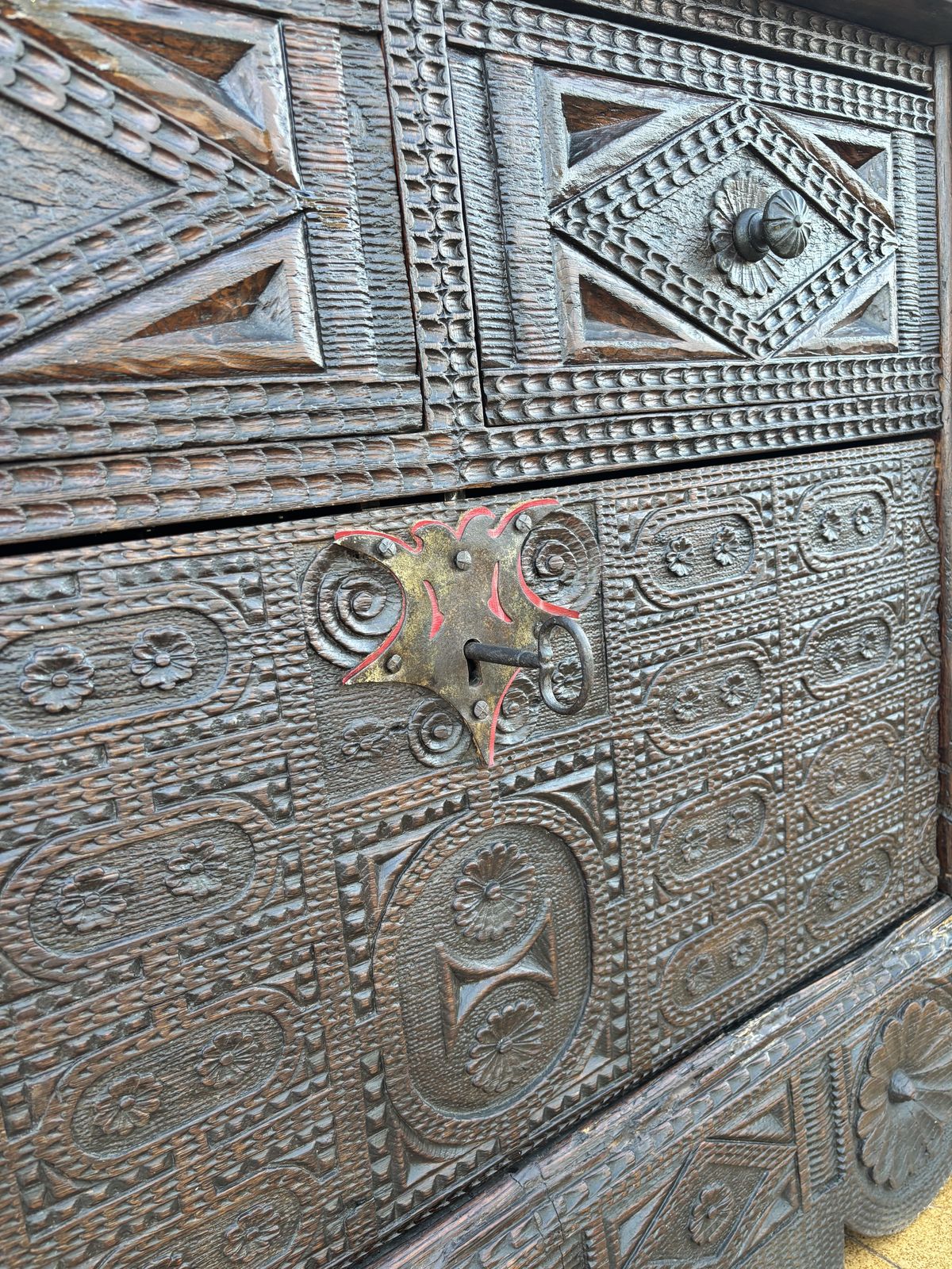 Spanish Renaissance Carved Cabinet With Drop Front Door And Two Drawers, 1880s photo vinterior