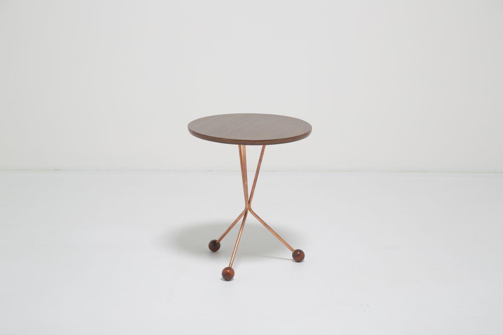Albert Larsson For Tibro: Mid Century Tripod Side Table In Teak & Copper, Sweden, 1950s