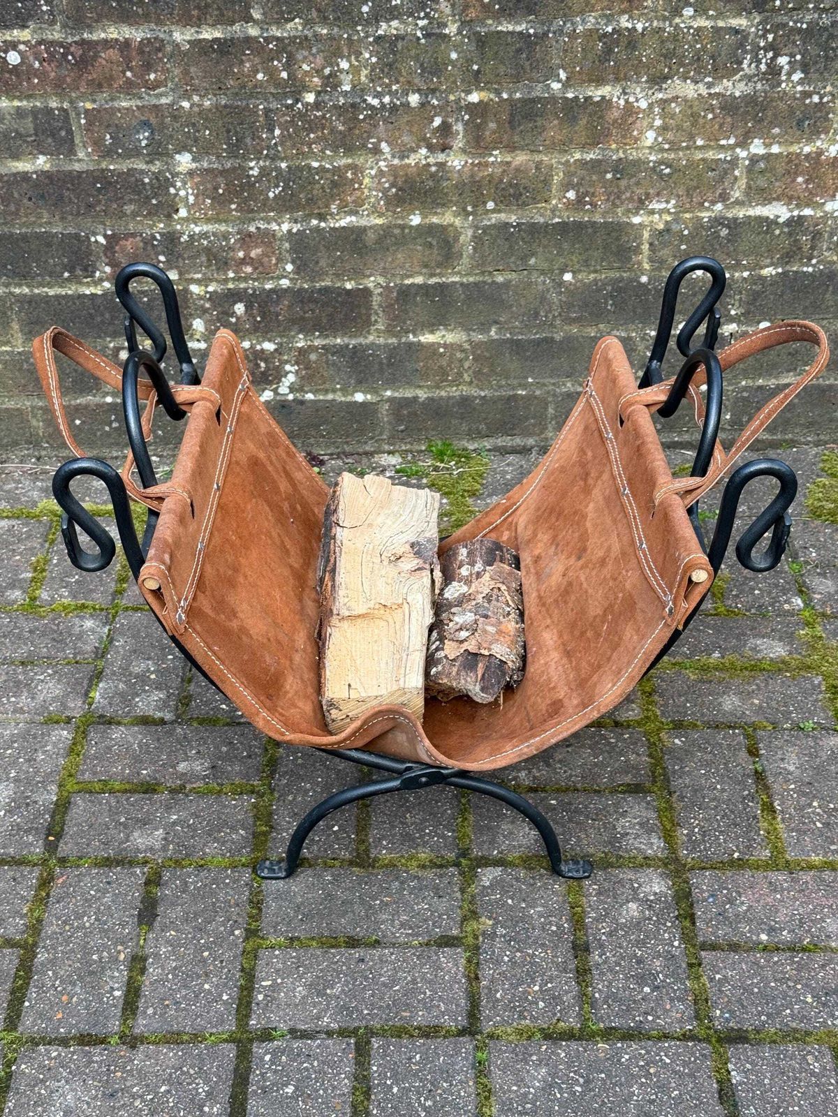 Vintage Wrought Iron Fire Basket With Leather Log Sling / Bag – Fireside Log Holder – Rustic Country Style (Late 20th Century) photo furniture