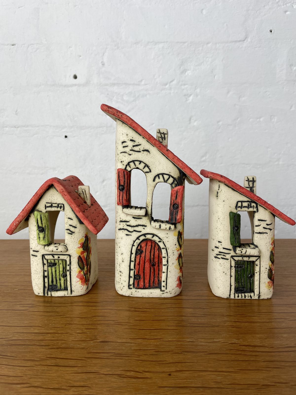 Set Of 3 Handmade Stoneware House Lanterns | Tealight Candle Holders | Decorative Ceramic Lighting