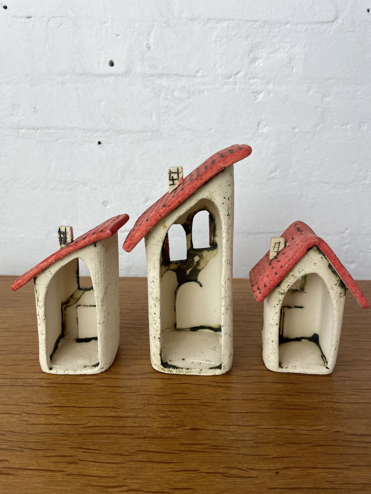 Set Of 3 Handmade Stoneware House Lanterns | Tealight Candle Holders | Decorative Ceramic Lighting photo furniture
