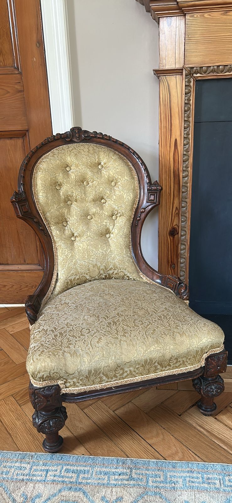 Victorian Parlour Or Fireside Mahogany Chair With Carved Cabriole Legs In Gold Damask photo Furniture