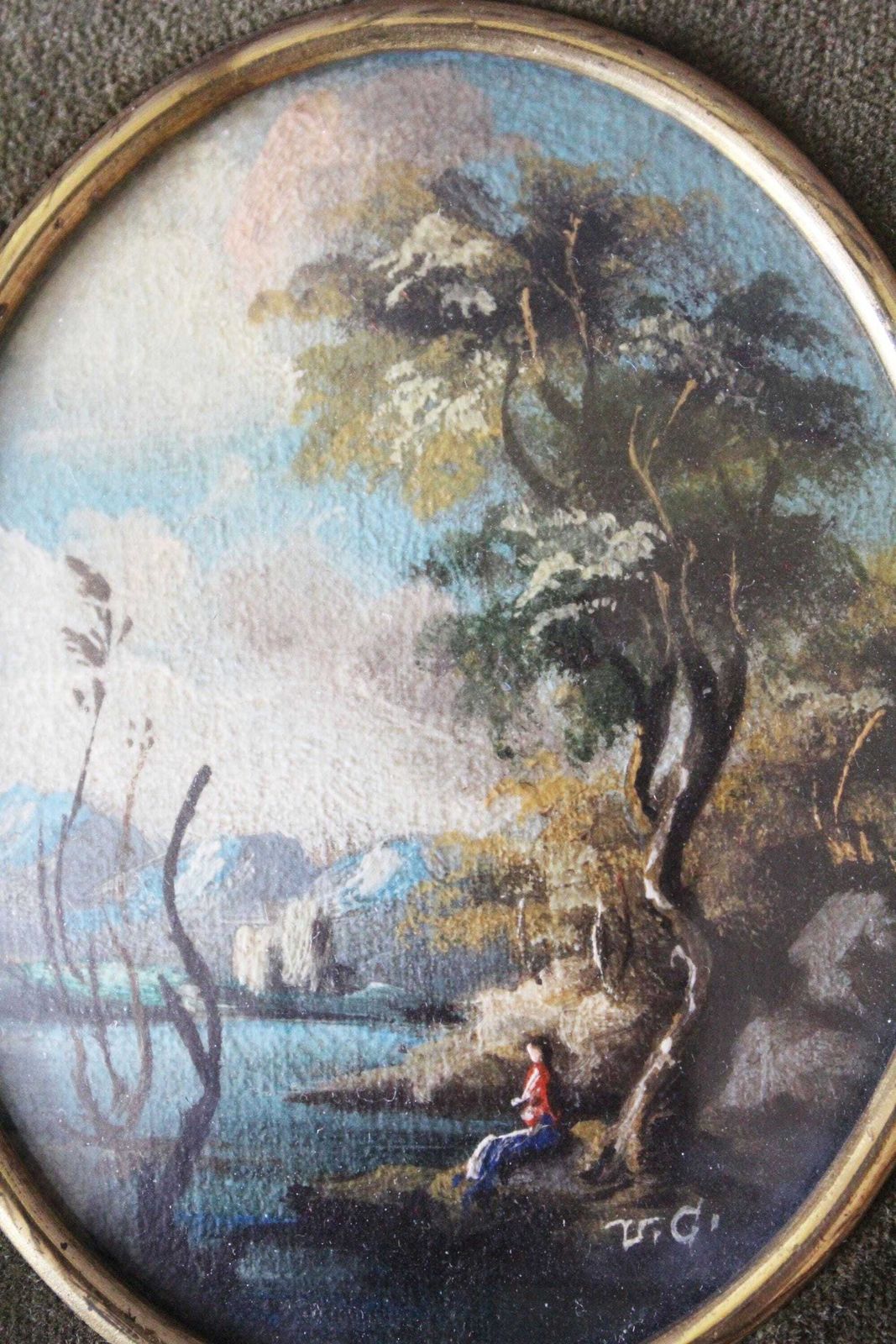 Set Of Two Small Vintage Italian Scenic Landscape Paintings, Oval Gilded Wood Frame, Convex Glass, Velvet Matting, Signed, Hand Painted, photo for sale