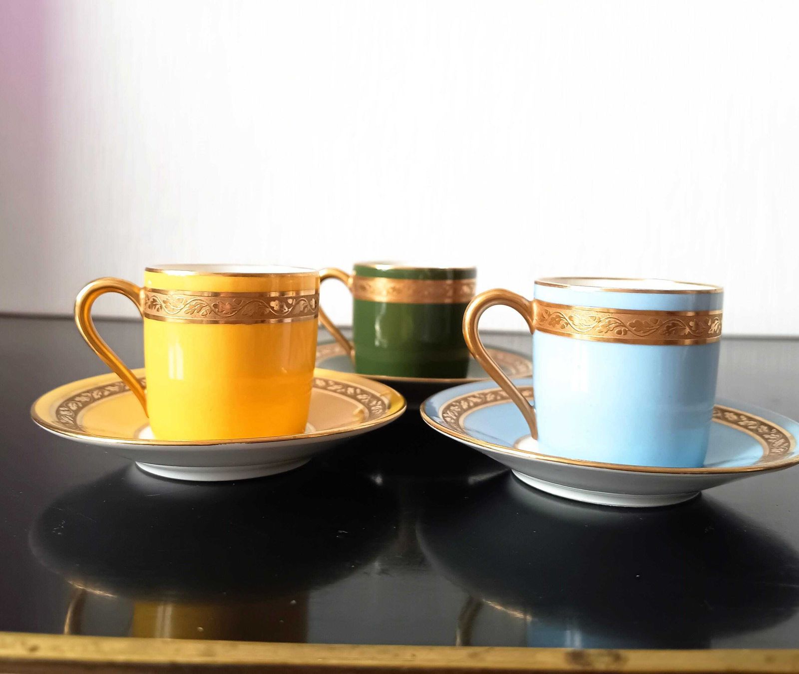 Art Deco Limoges Arlequin Collection: 3 Cups & Saucers, Acid Etched Oak Leaf Gilding, 1929 photo for sale