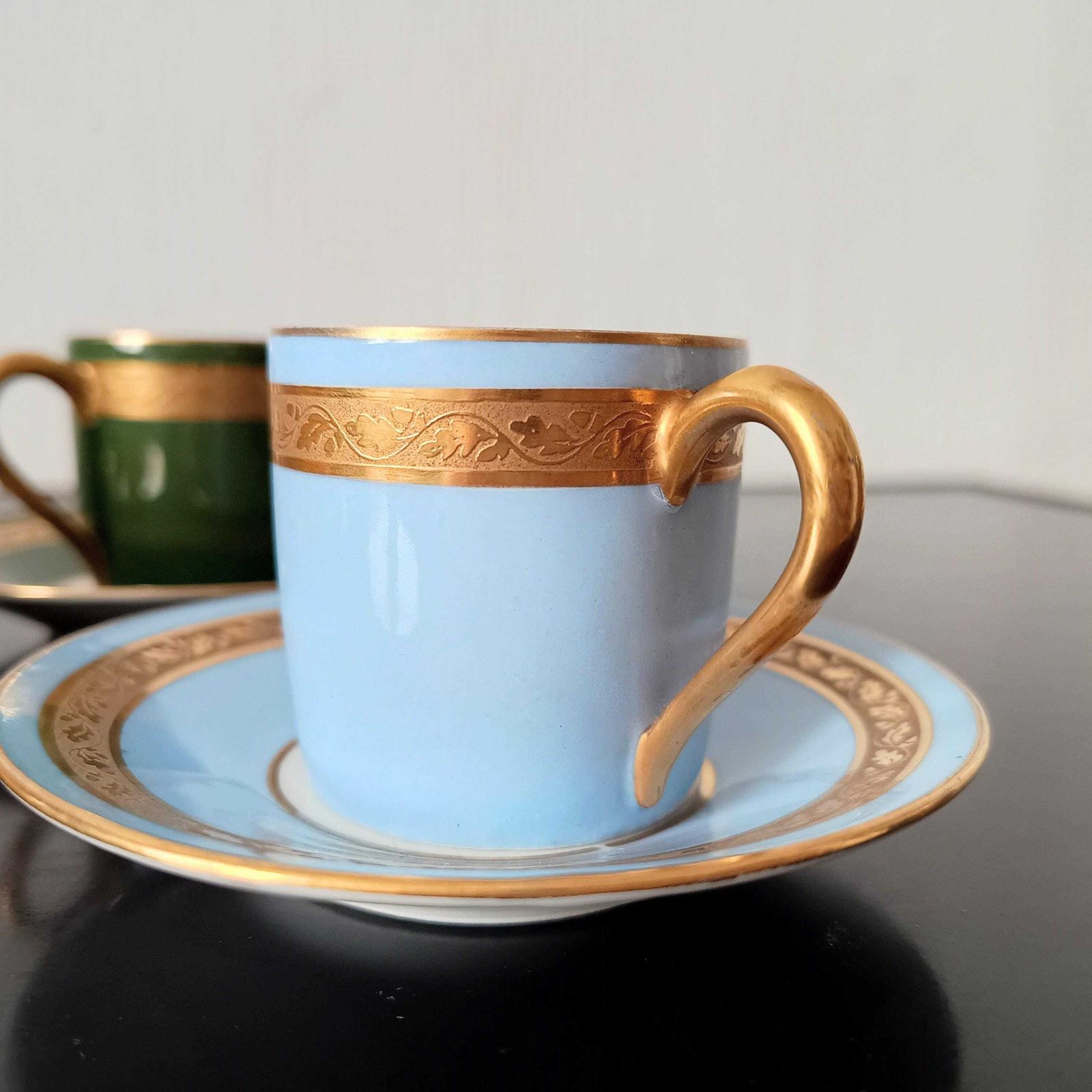photo for sale Art Deco Limoges Arlequin Collection: 3 Cups & Saucers, Acid Etched Oak Leaf Gilding, 1929