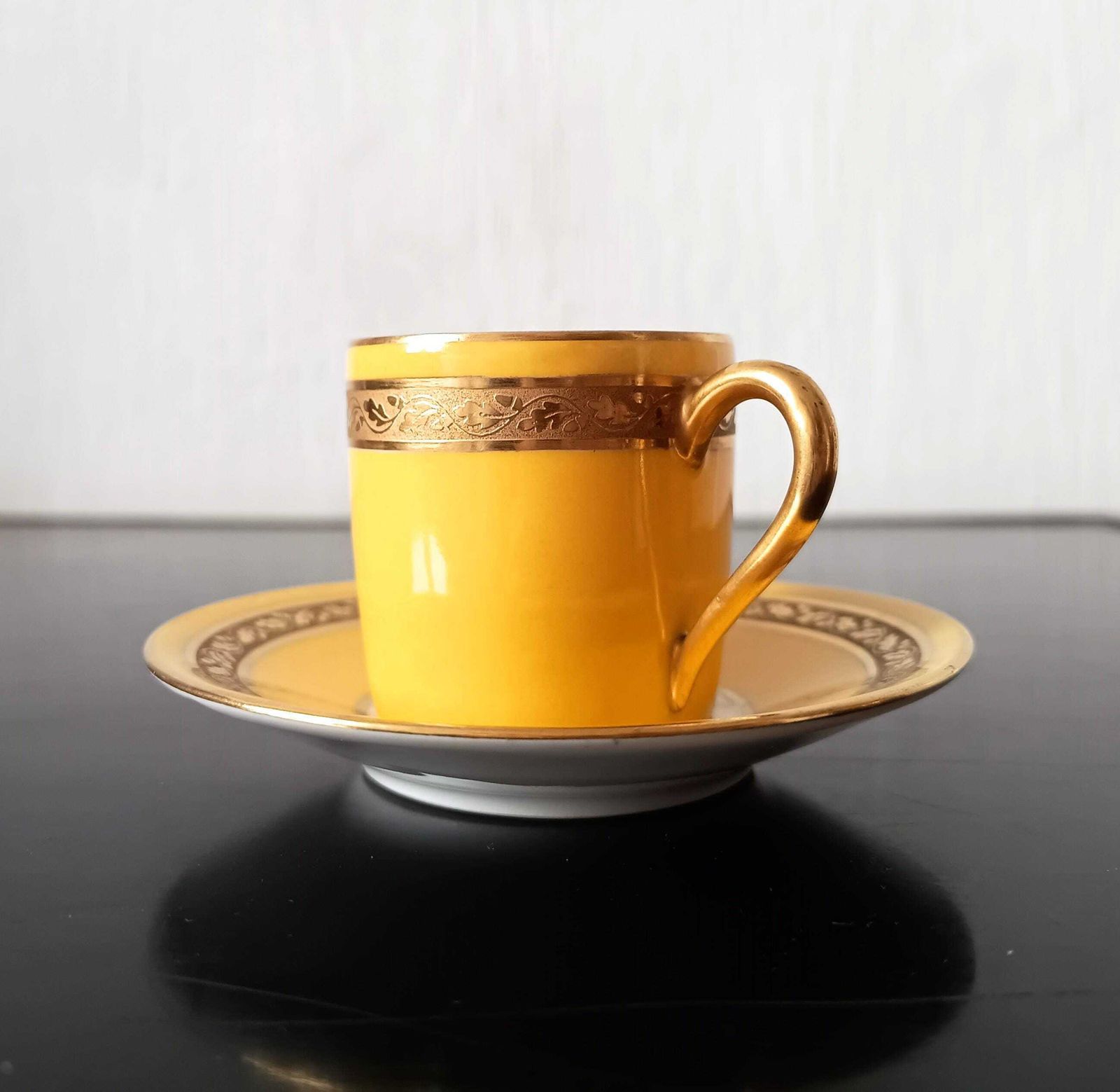 Home Decor Art Deco Limoges Arlequin Collection: 3 Cups & Saucers, Acid Etched Oak Leaf Gilding, 1929 photo
