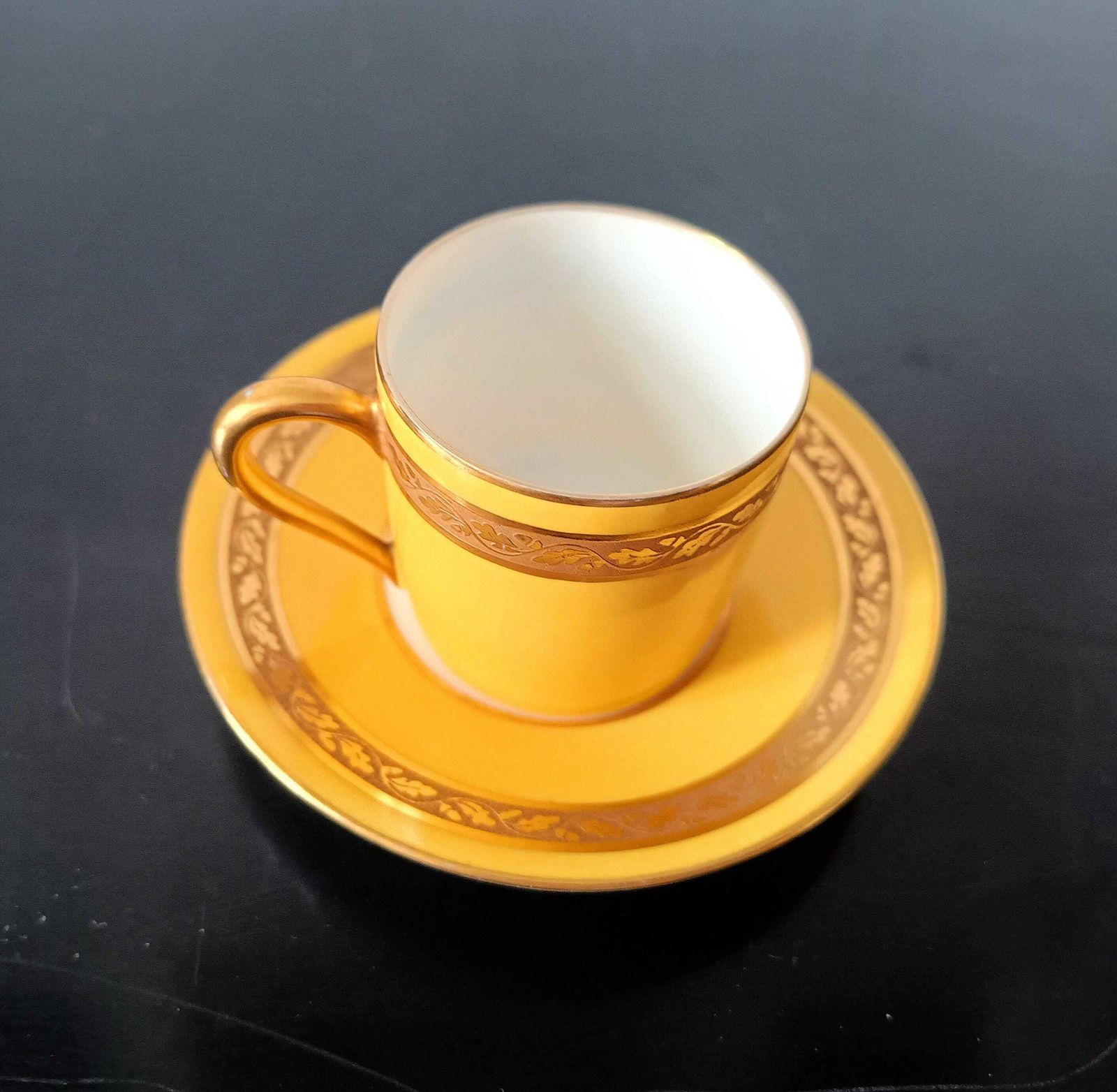 145.0 Art Deco Limoges Arlequin Collection: 3 Cups & Saucers, Acid Etched Oak Leaf Gilding, 1929 photo