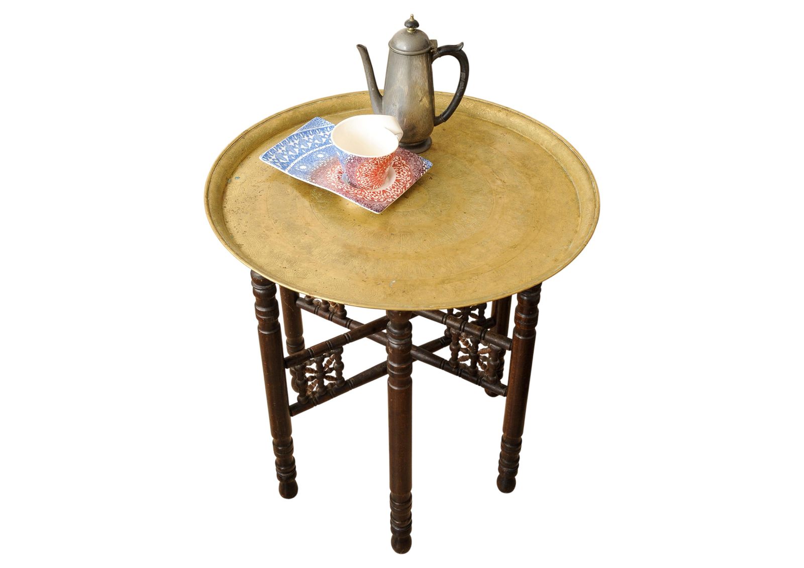 A Traditional Liberty Of London Style Hand Crafted Middle Eastern Folding Tea Table With Removable Brass Circular Top photo 1700.0