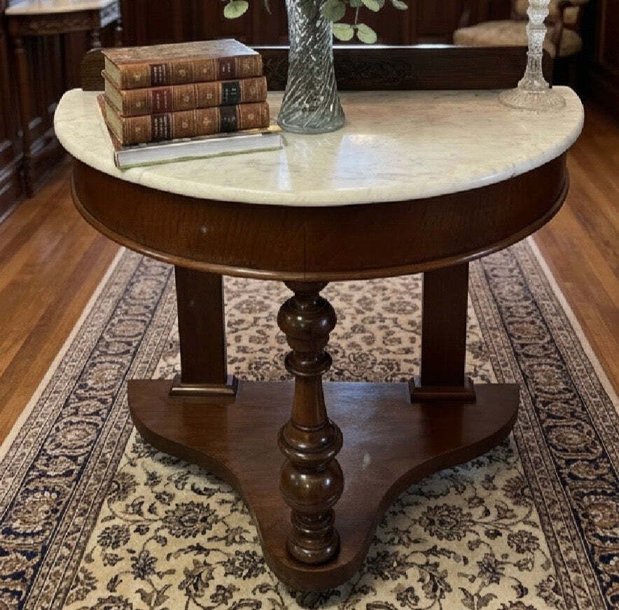 Beautiful Victorian Mahogany Marble Topped Demi Lune Table Console photo vintage