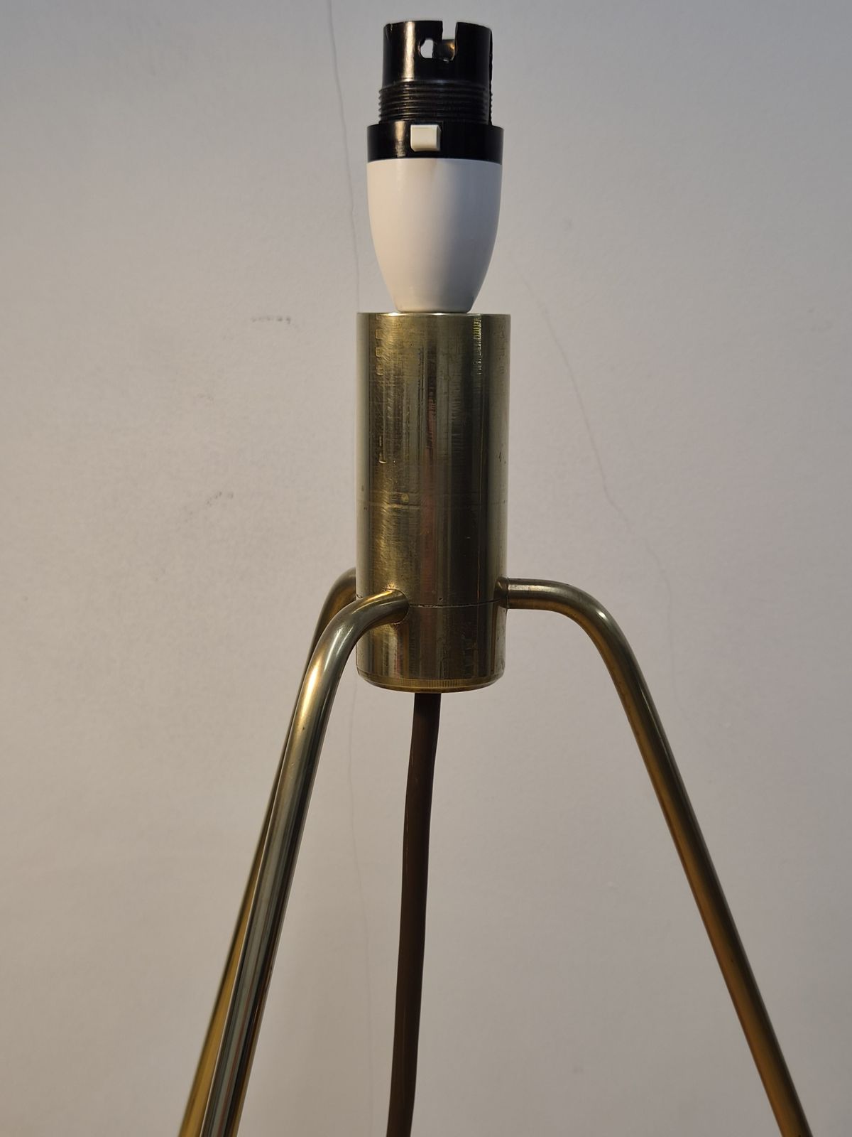 Mid Century Brass Tripod Table Lamp With Blue Drum Shade Minimalist Atomic Style, 1960s photo 130.0