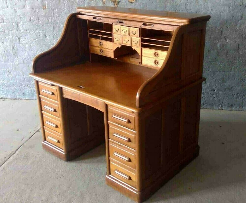 Roll Top Desk Of Large Size,And Of Fine Quality Walnut,With An S"Shaped Tambour Fronted Roll And A Well Fitted Canadian Maple Wood Interior(locks Work