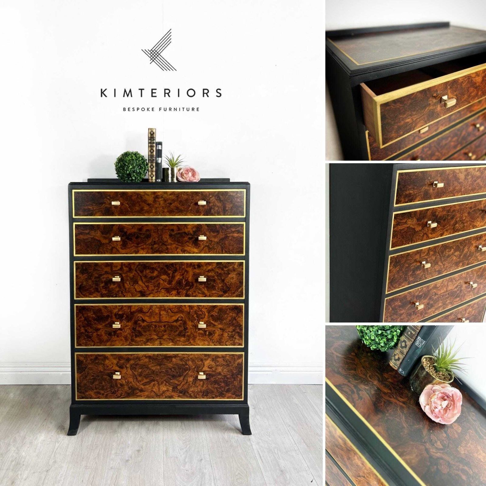Chest Of 5 Drawers Painted In Black And Gold