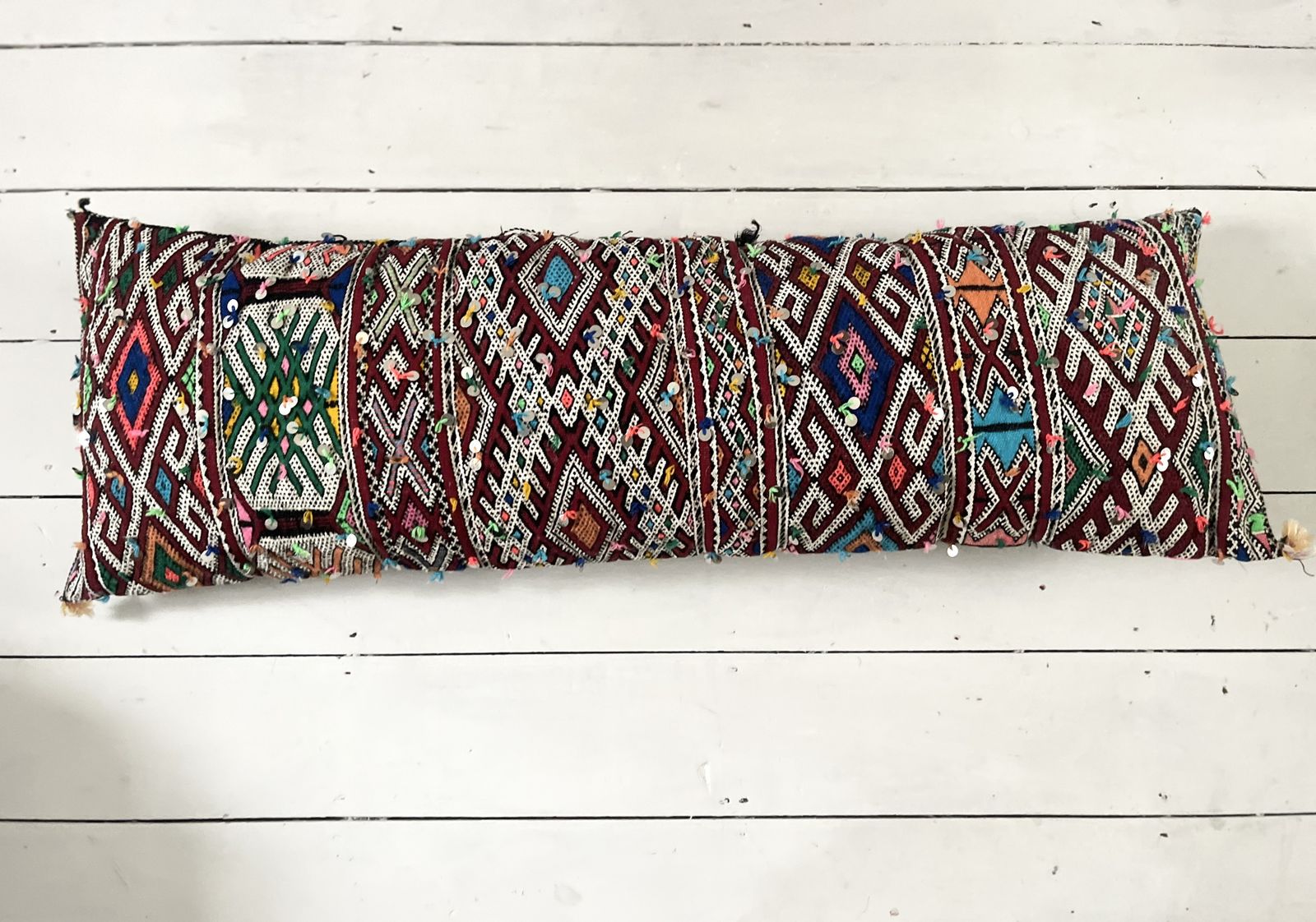 Vintage Moroccan Berber Xxxl Amazigh Tribal Motifs, Wool & Silk Rich Multicolour Tones Hand Sewn Sequinned Double Sided  Stuffed Cushion photo furniture