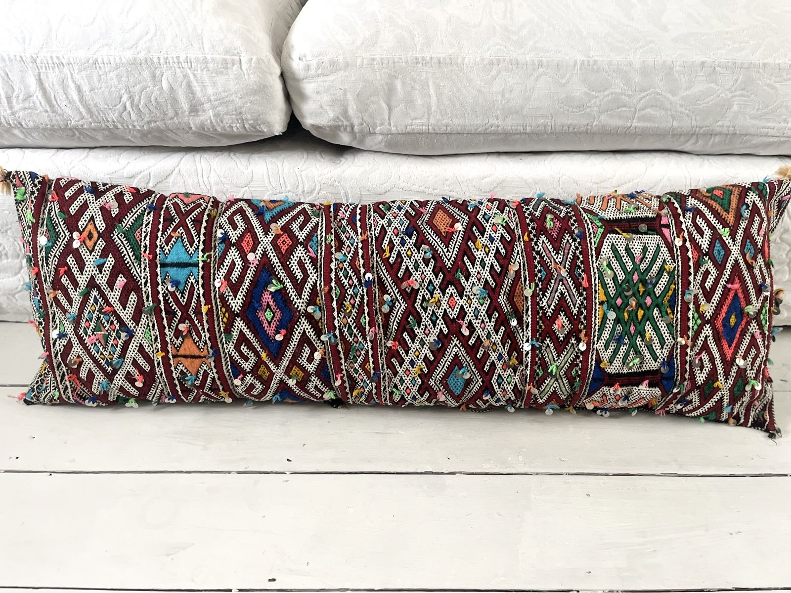 Vintage Moroccan Berber Xxxl Amazigh Tribal Motifs, Wool & Silk Rich Multicolour Tones Hand Sewn Sequinned Double Sided  Stuffed Cushion photo for sale