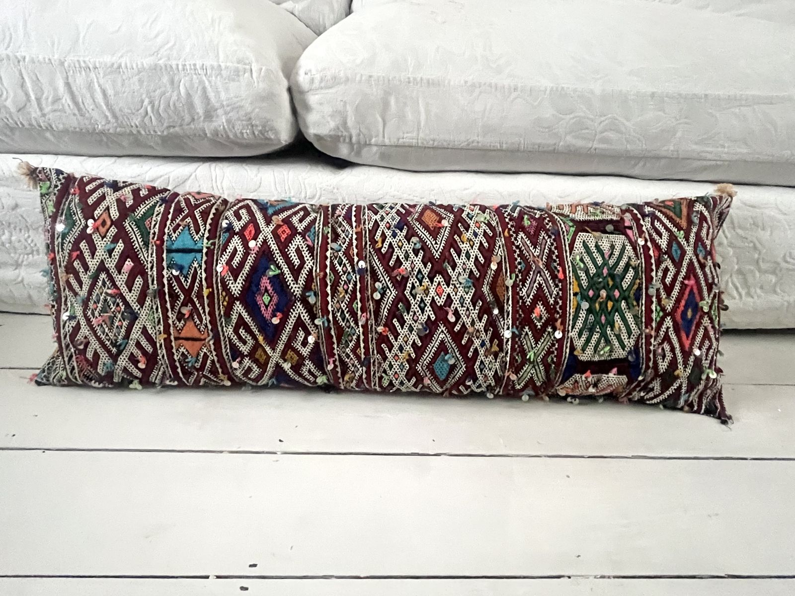 Vintage Moroccan Berber Xxxl Amazigh Tribal Motifs, Wool & Silk Rich Multicolour Tones Hand Sewn Sequinned Double Sided  Stuffed Cushion photo Textiles