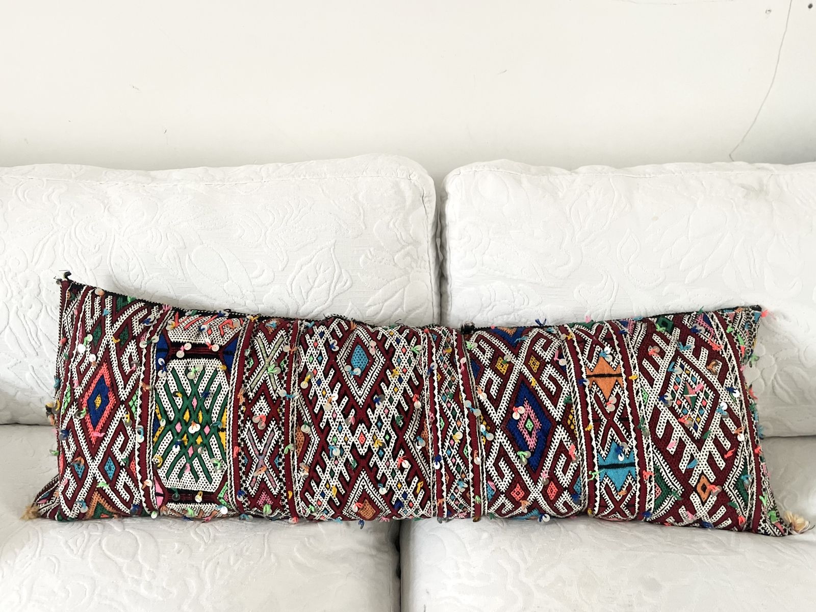 Vintage Moroccan Berber Xxxl Amazigh Tribal Motifs, Wool & Silk Rich Multicolour Tones Hand Sewn Sequinned Double Sided  Stuffed Cushion photo vinterior