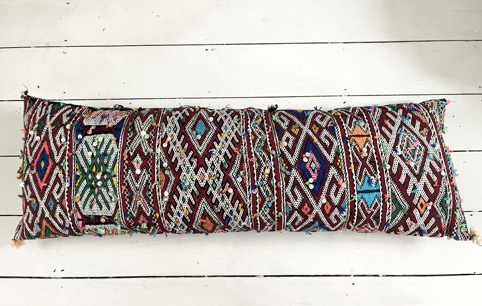 390.0 Vintage Moroccan Berber Xxxl Amazigh Tribal Motifs, Wool & Silk Rich Multicolour Tones Hand Sewn Sequinned Double Sided  Stuffed Cushion photo