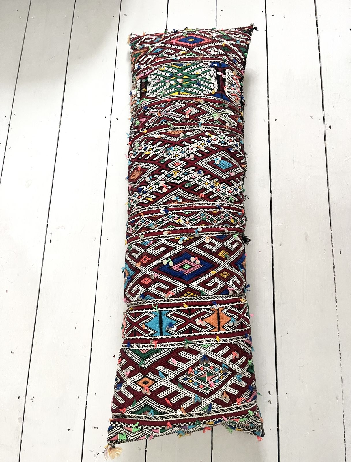 photo buy Vintage Moroccan Berber Xxxl Amazigh Tribal Motifs, Wool & Silk Rich Multicolour Tones Hand Sewn Sequinned Double Sided  Stuffed Cushion