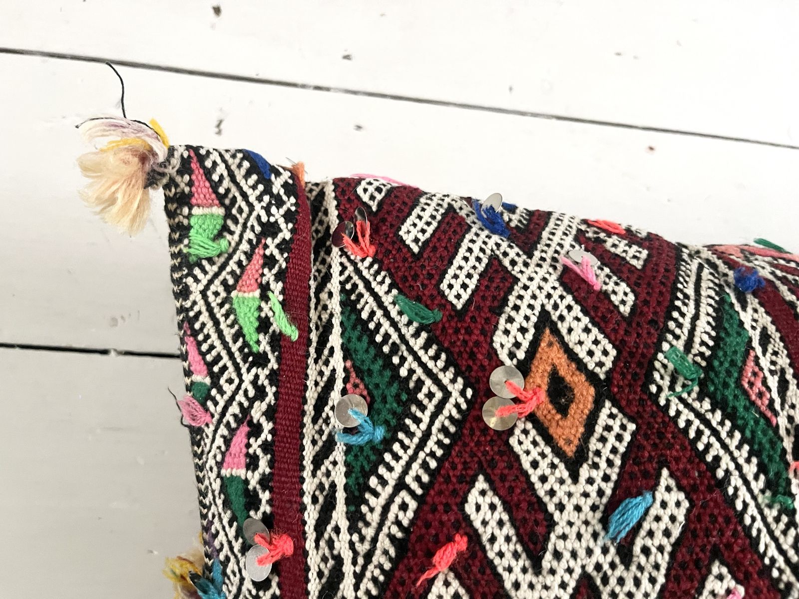photo vintage Vintage Moroccan Berber Xxxl Amazigh Tribal Motifs, Wool & Silk Rich Multicolour Tones Hand Sewn Sequinned Double Sided  Stuffed Cushion