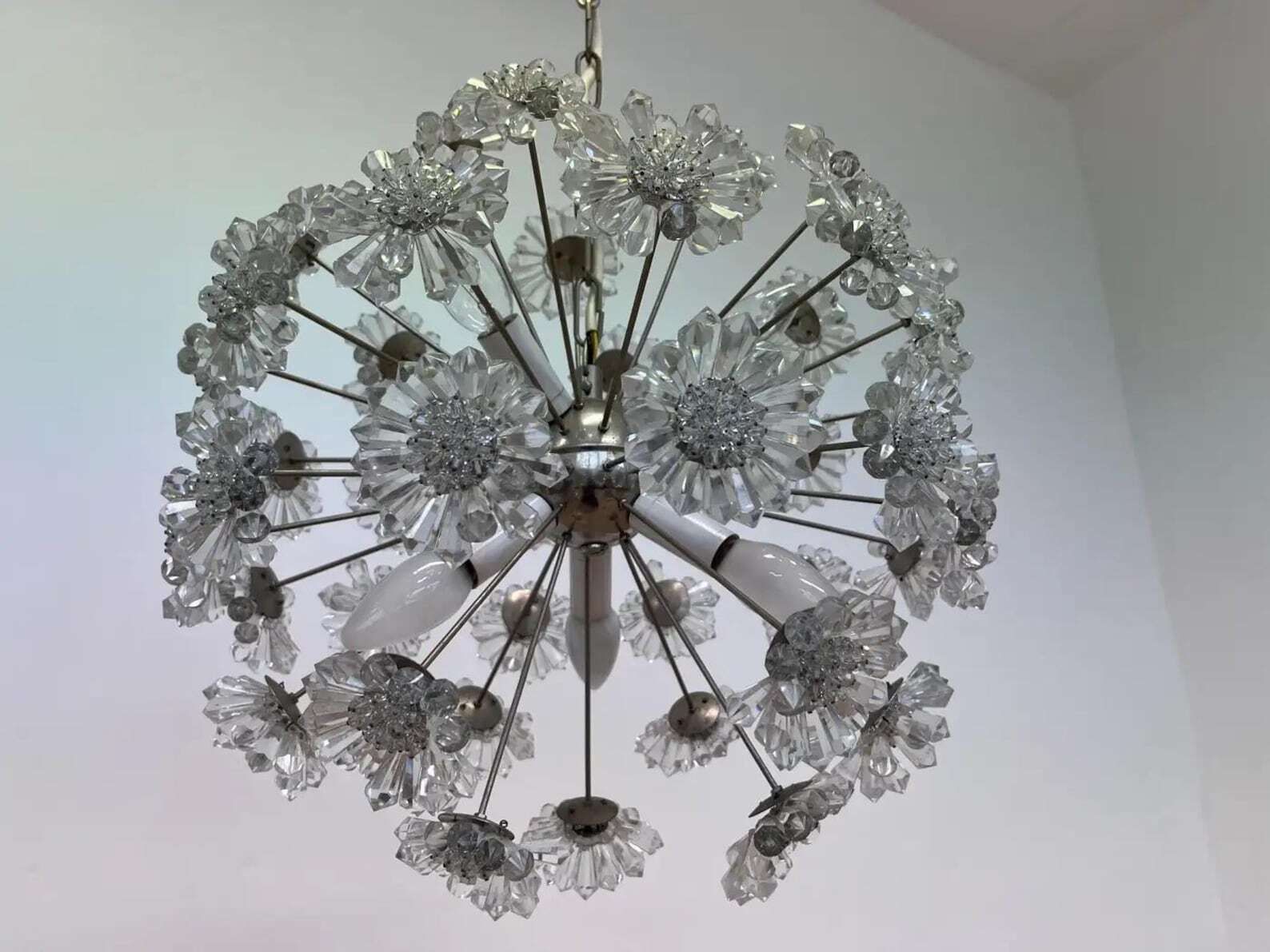 Sputnik Dandelion Chandelier Glass Chrome Emil Stejnar Style 1970s Czechoslovakia. photo vinterior